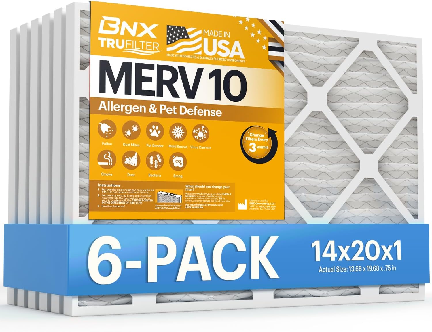BNX TruFilter 14x20x1 MERV 10 (6-Pack) AC Furnace Air Filter - MADE IN USA - Pleated Air Conditioner HVAC AC Furnace Filters - Removes Odor, Mold, Bacteria, Smoke