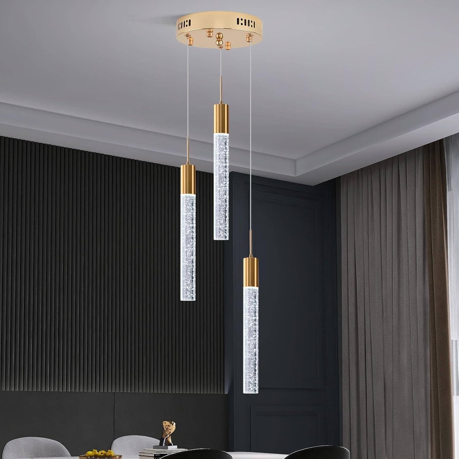 Modern Crystal Chandelier 3-Lights, Spiral LED Raindrop Kitchen Island Pendant Lighting, Bubble Foyer Dinimg Room Hanging Light Fixture Remote Control Gold