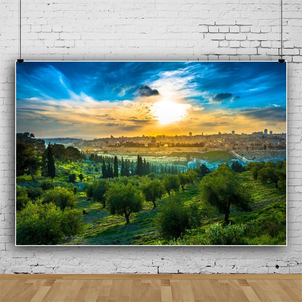 Jerusalem Backdrop Sunset Cityscape View of Old City Mount of Olives Decorations Background Religious Church Events Backdrop Holy Israel Party Jewish Temple Banner Studio Props 7x5ft
