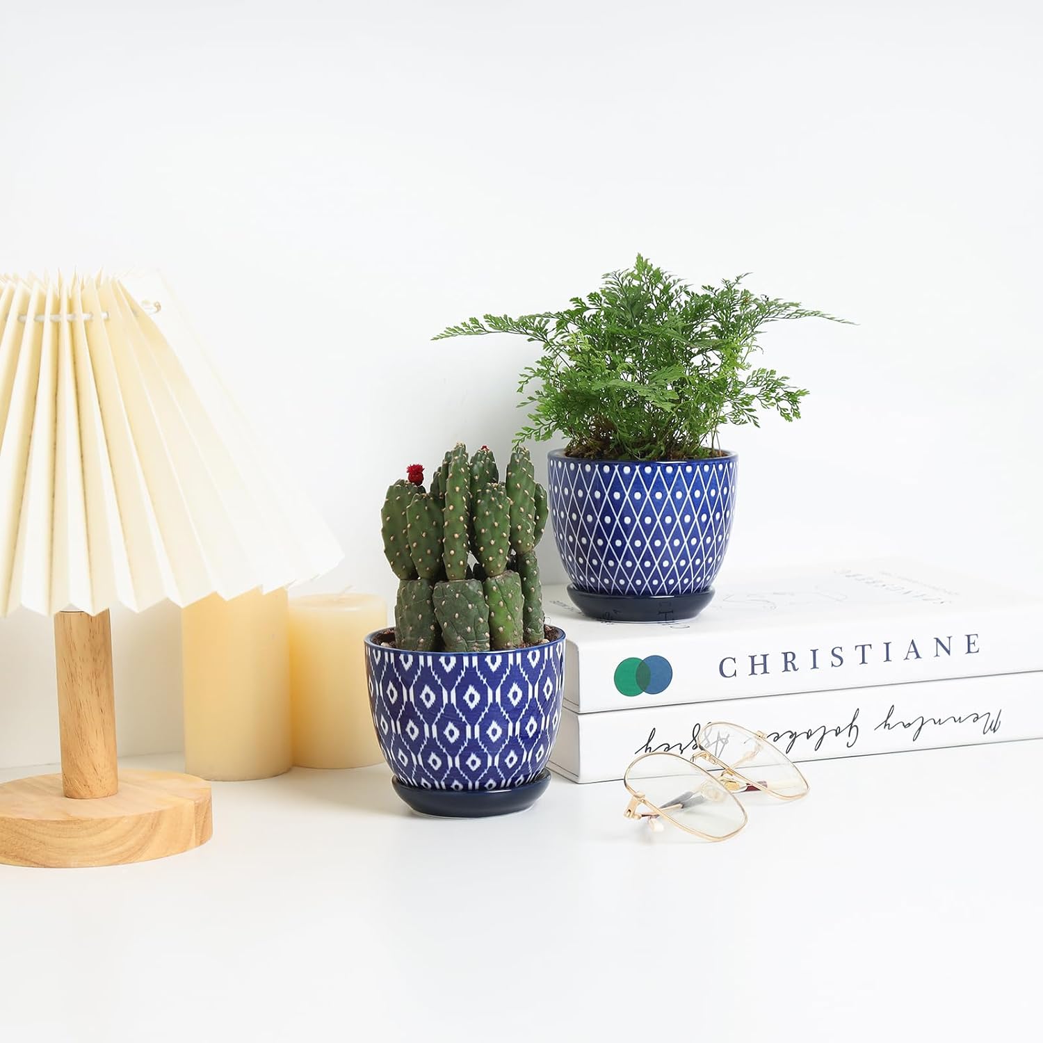 Selamica Ceramic Succulent Pots, 4.6 Inch Small Plant Pots with Drainage Holes & Saucers, Succulent Planters for Indoor Plants Cactus, Home Decor, Set of 6, Vintage Blue