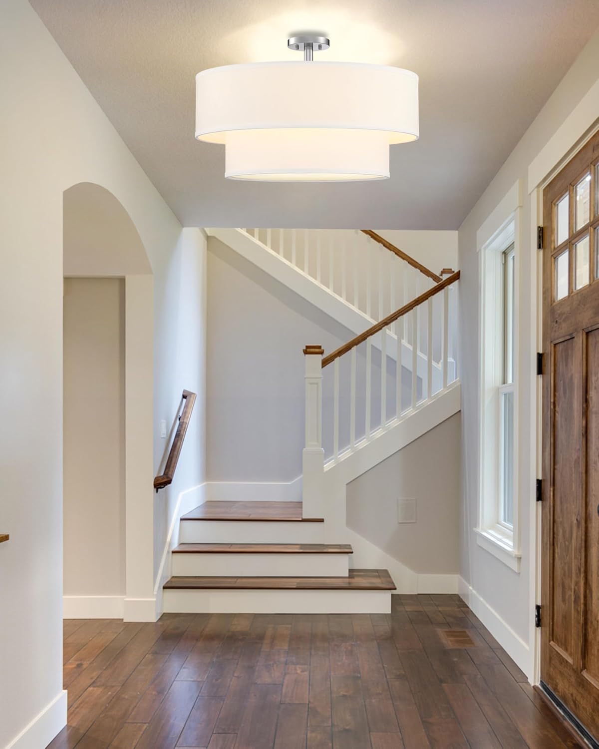 5 Light Off White Double Drum Fabric Shade Semi Flush Mount Ceiling Light,Close to Ceiling Light Fixture Brushed Nickel Finish,24 inch Semi Flush Drum Light for Bedroom,Living Room,Dining Room Hallway