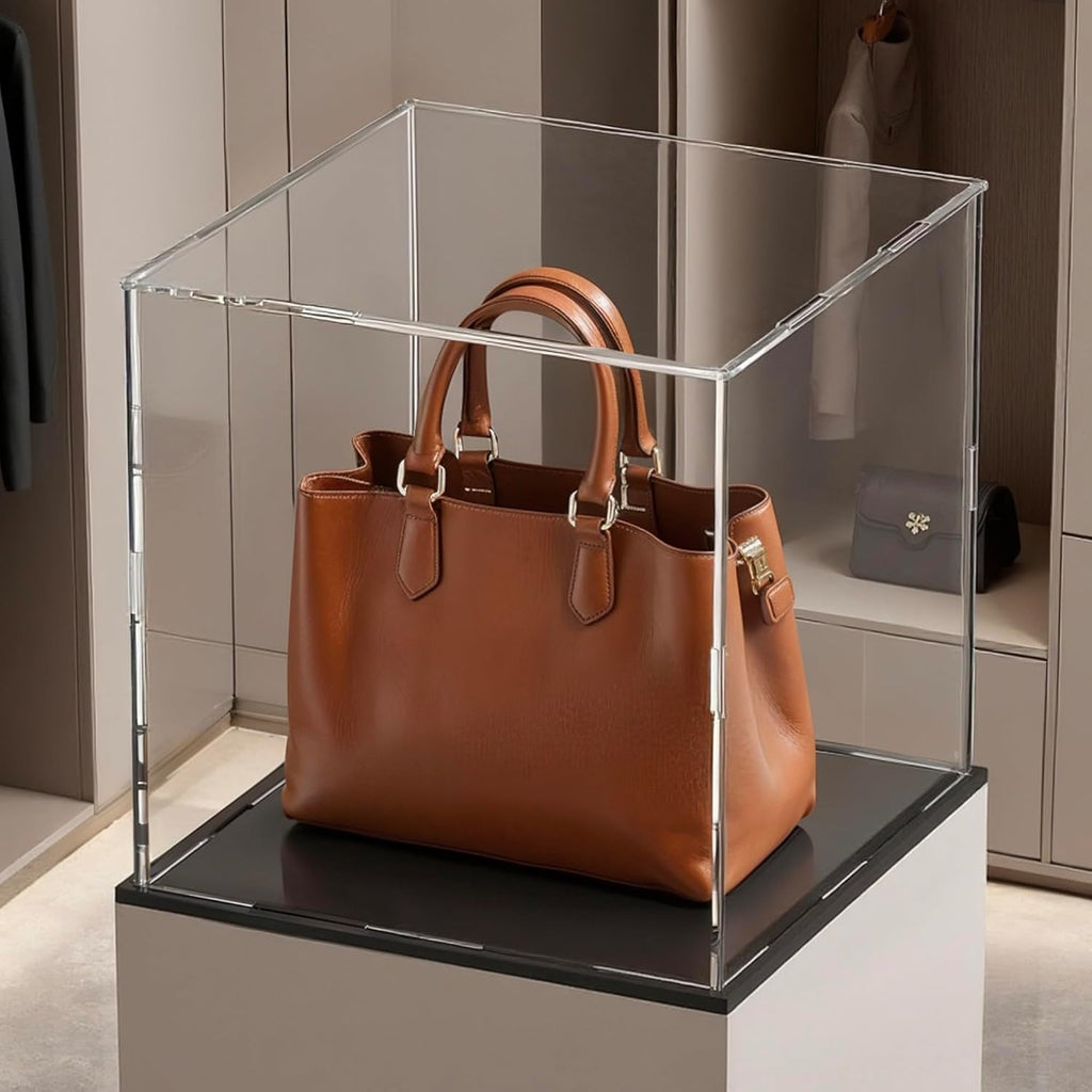 Acrylic Box with Matt Black Base, Simple Self-Assembly Clear Acrylic Display Case, 13x13x13 inch Showcase with Lid for Collections, Figures and Dolls