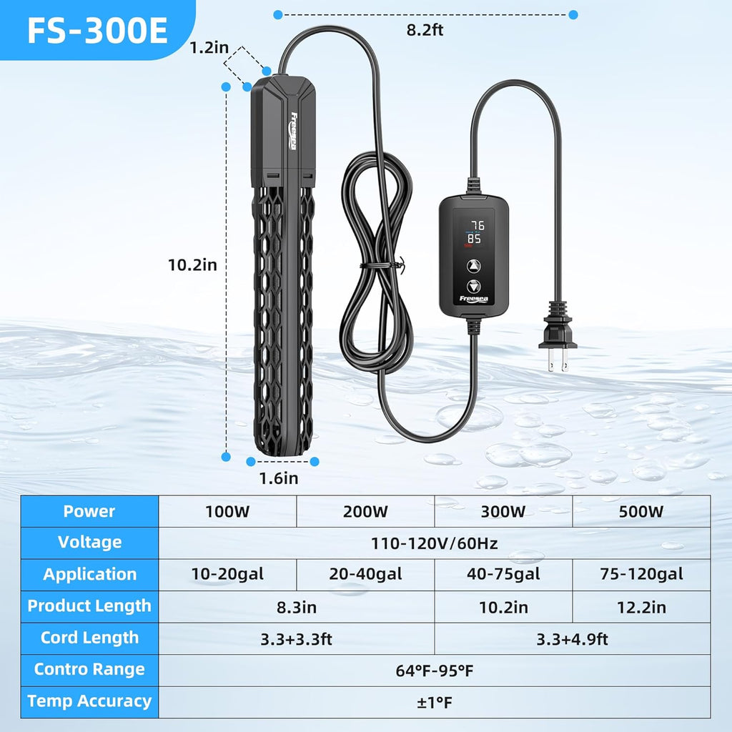 FREESEA Aquarium Heater for Fish Tank: 100W/200W/300W/500W Submersible Fish Tank Heater with Over-Temperature and Off-Water Protection for 40-75 Gallon Saltwater and Freshwater