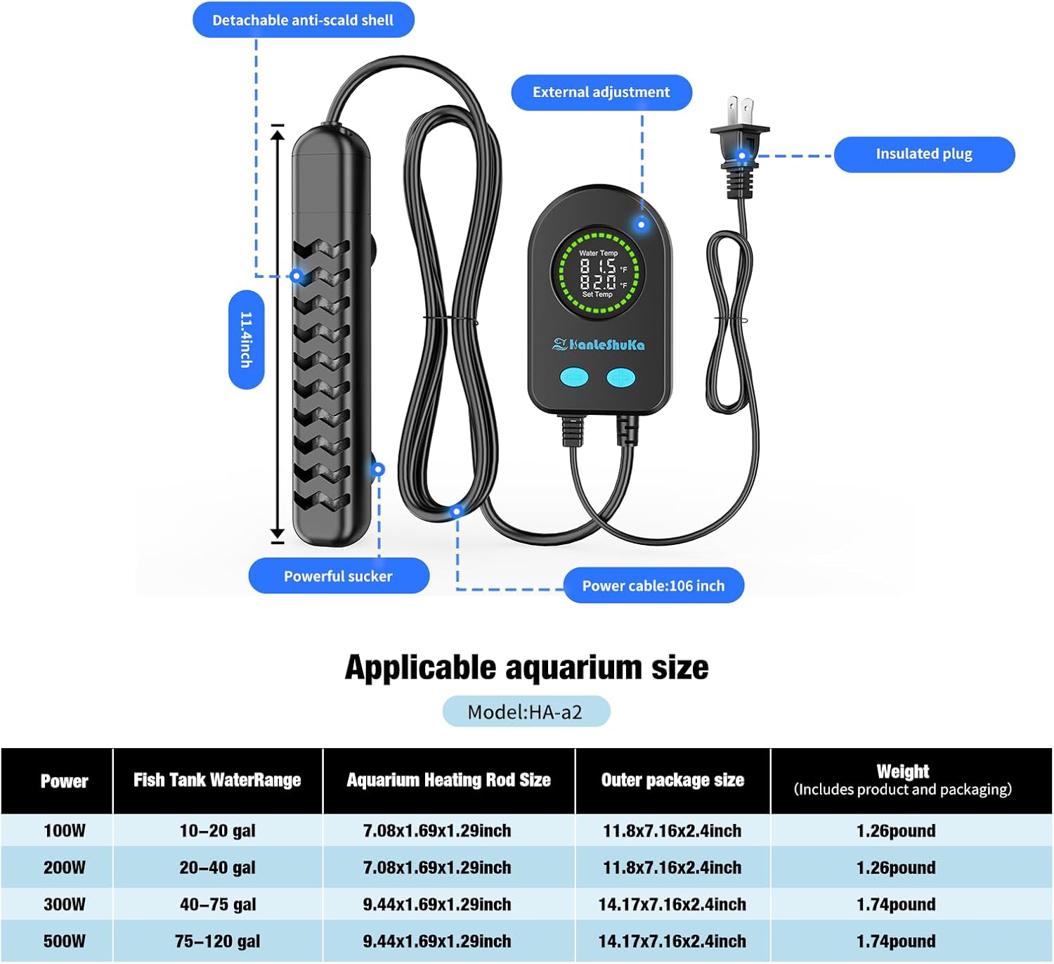 Submersible Aquarium Heater 100W/200W/300W/500W, Fish Tank Heater with high-Temperature Protection and Turtle Tank Heater with Automatic Power-Off When Leaving seawater or Freshwater.