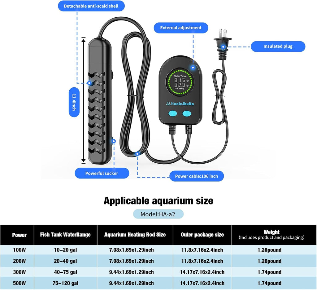 Submersible Aquarium Heater 100W/200W/300W/500W, Fish Tank Heater with high-Temperature Protection and Turtle Tank Heater with Automatic Power-Off When Leaving seawater or Freshwater.