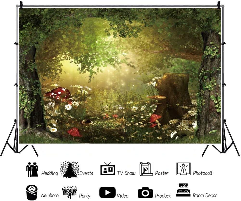 Fairy Tale Forest Wonderland Backdrops for Photography Vinyl 7x5ft Green Trees Wildflowers Daisy Mushroom Scenery Photo Background Portrait Kid Boy Girl Photoshoot Studio Prop Party Decor