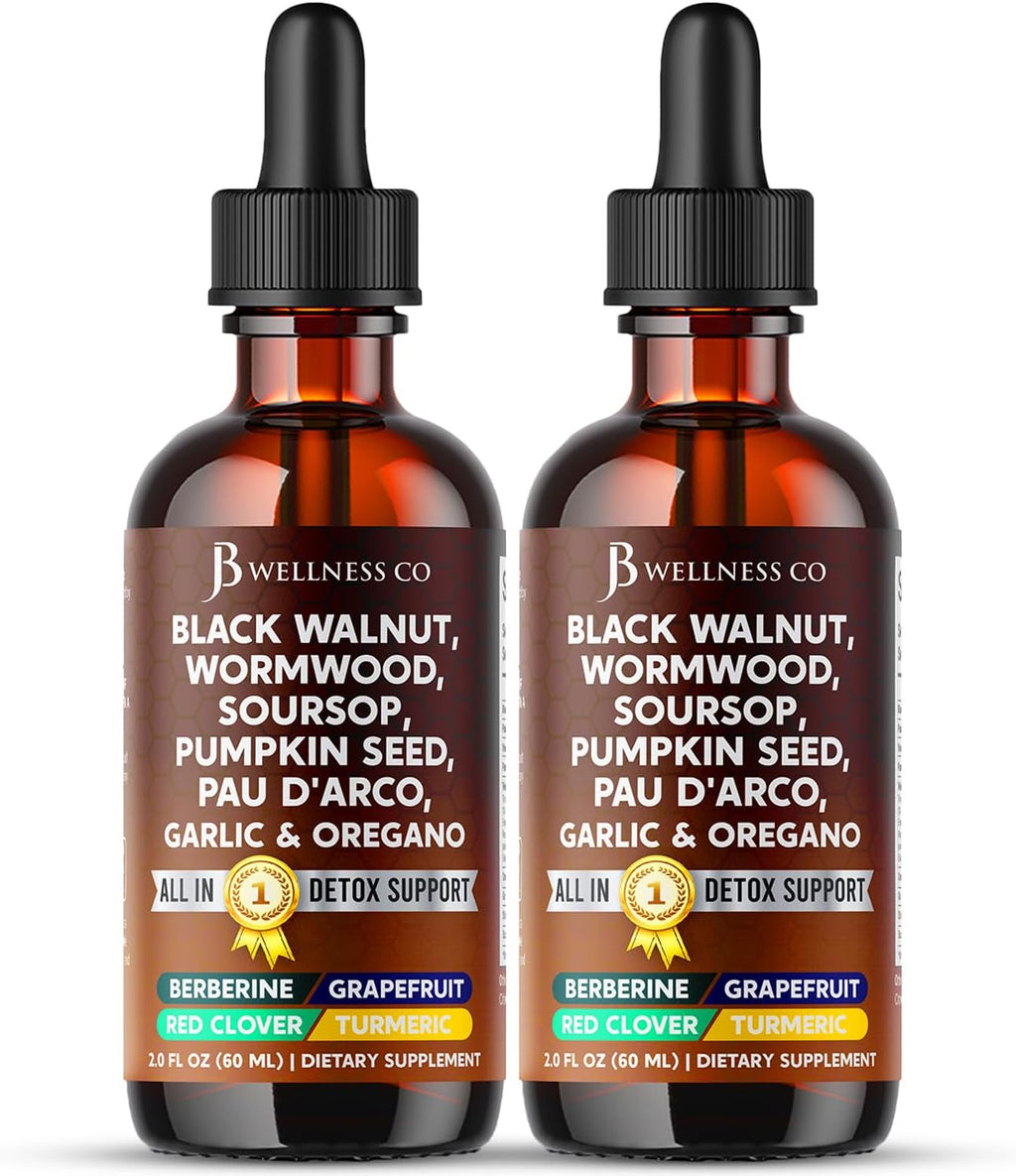 Wormwood Black Walnut Cleanse for Humans Drops Liquid Soursop Garlic Pumpkin Seed PAU D'Arco Oil of Oregano Turmeric Berberine Neem Extract Hull Bark Tincture - 4 oz