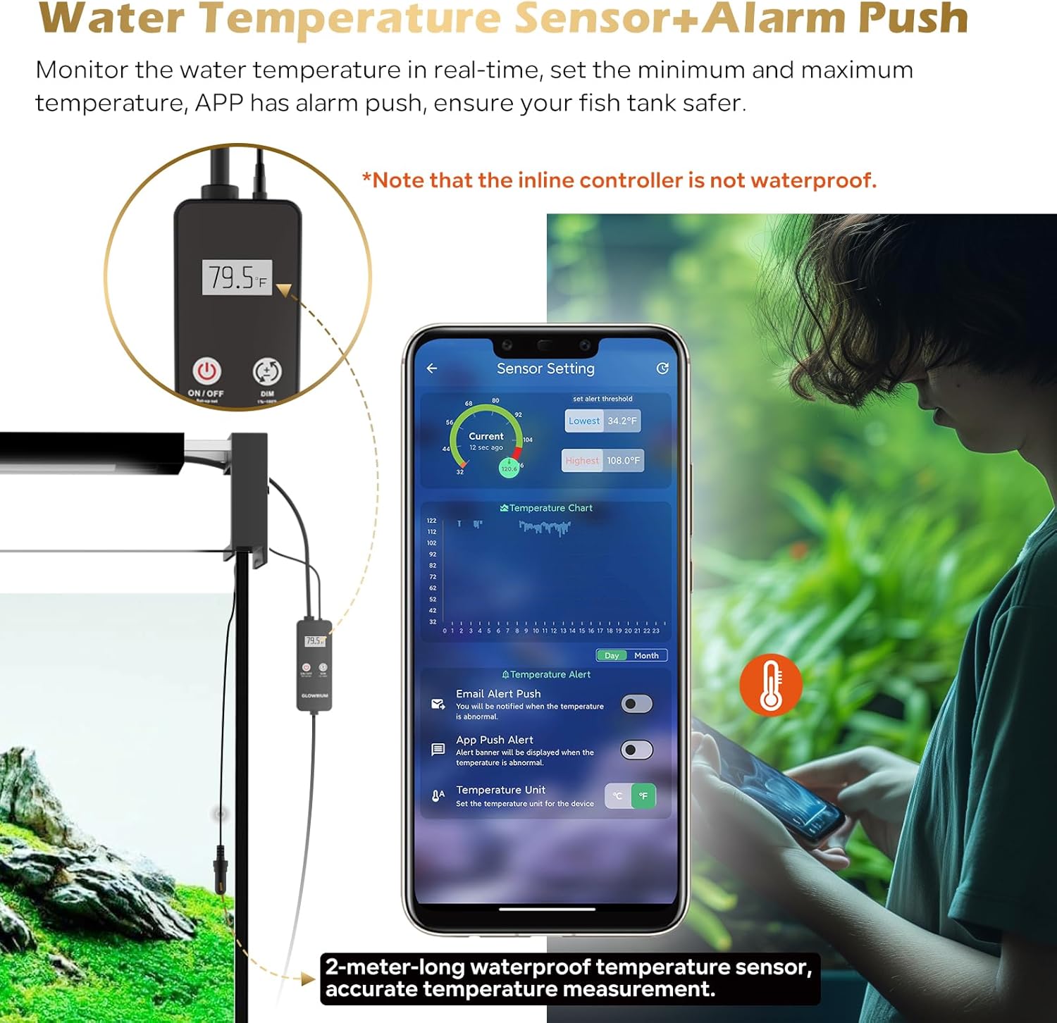 GLOWRIUM Smart Aquarium Light, Bluetooth + WiFi Dual Control Freshwater Fish Tank Light with App, Multi-preset Spectrum, Brightness Adjustable, Anti-Drop, Real Time Water Temperature Sensor (36-48 in)