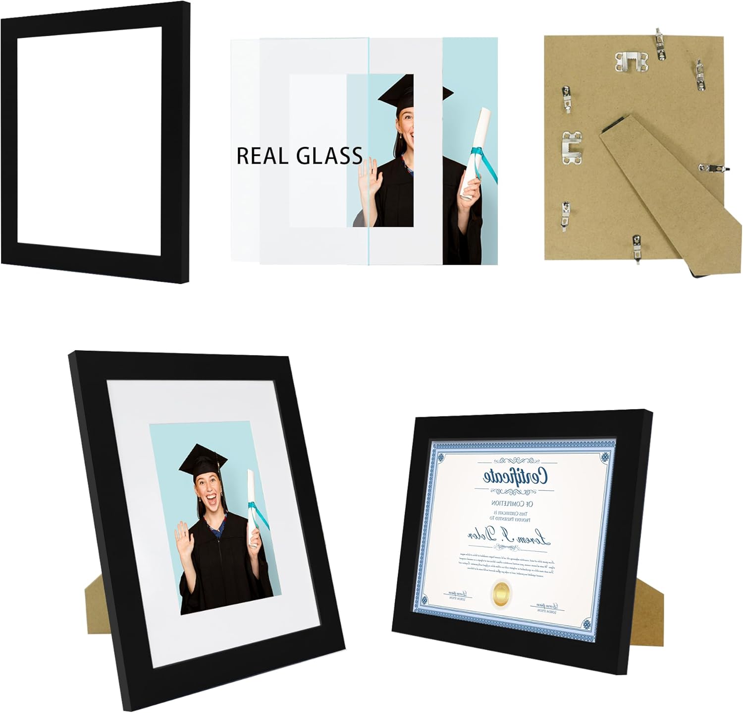 8.5 x 11 Picture Frame Set of 4, Made of Real Glass and Black Certificate & Diploma Frame, 8.5 by 11 Photo for Wall or Tabletop - Display Picture 6x8 with Mat or 8.5x11 Without Mat