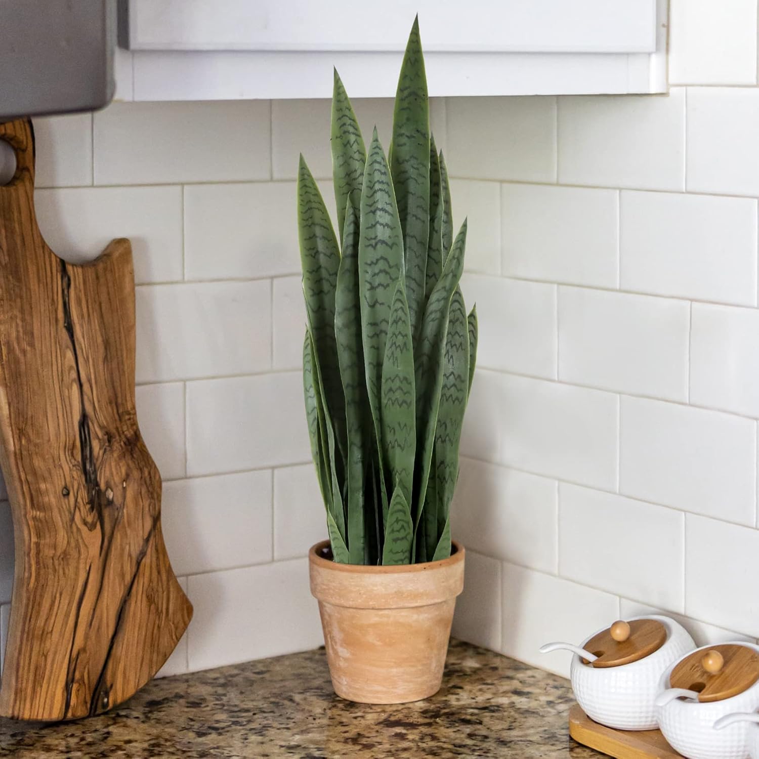 Worth Garden 3ft Artificial Snake Plant Fake Sansevieria Indoor Outdoor, 28 Thick Leaves Lifelike Faux Silk Plant, Home Decor Mother in Law Tongue Plant 35in, with Black pot & Dry Moss Included, Green