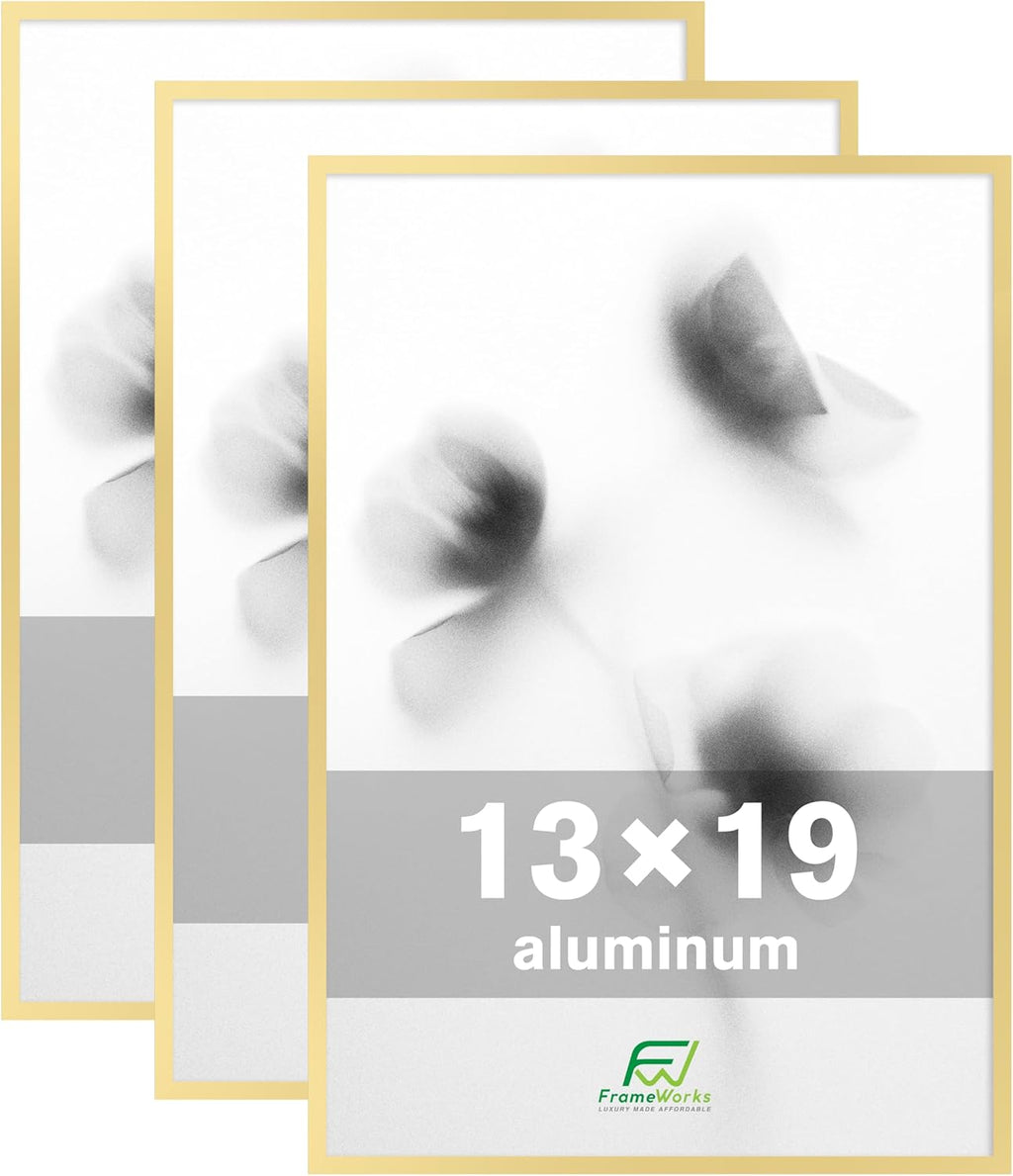 FrameWorks 13x19 Brushed Aluminum Poster Frames – Modern Brushed Metal Design w/Shatterproof Plexiglass, Perfect for Posters, Artwork, Paintings, Wall Displays – Home or Office Decor, Gold - 3 Pack