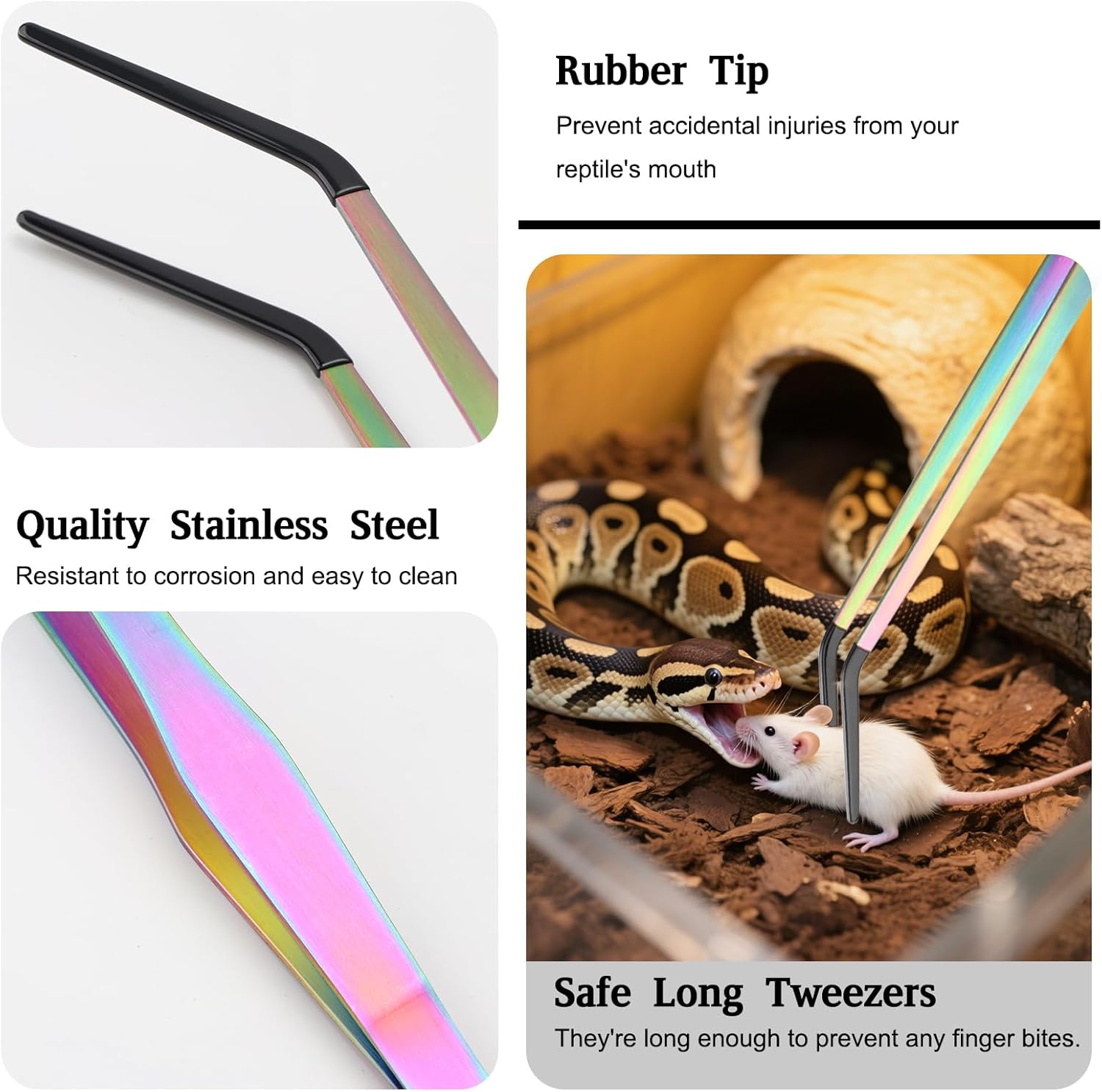 Texsens OLIISS Reptile Feeding Tongs with Rubber Tip - 15" Extra Long Tweezers for Aquariums & Crafts - Stainless Steel Feeder Tools for Bearded Dragons & Lizards - Terrarium Tank Supplies - 2 Pack