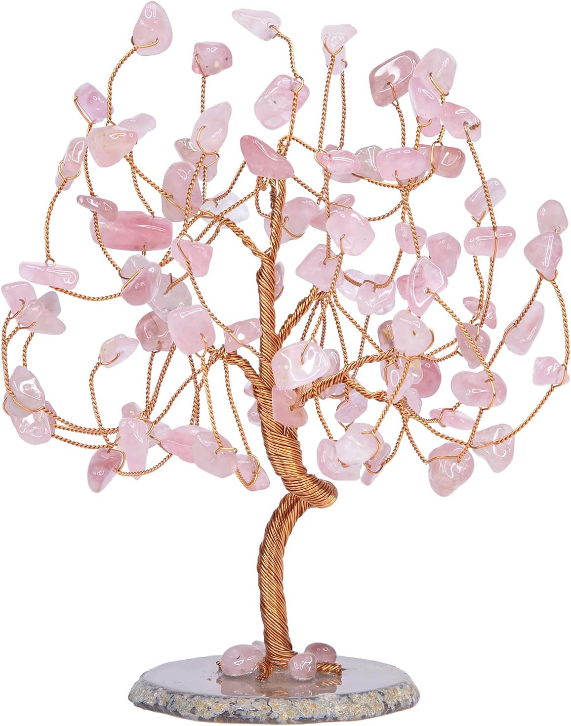 mookaitedecor Rose Quartz Crystal Tree Tumbled Stones, Geode Agate Slices Base Money Tree Decoration for Wealth and Luck 5.7"-6.7"
