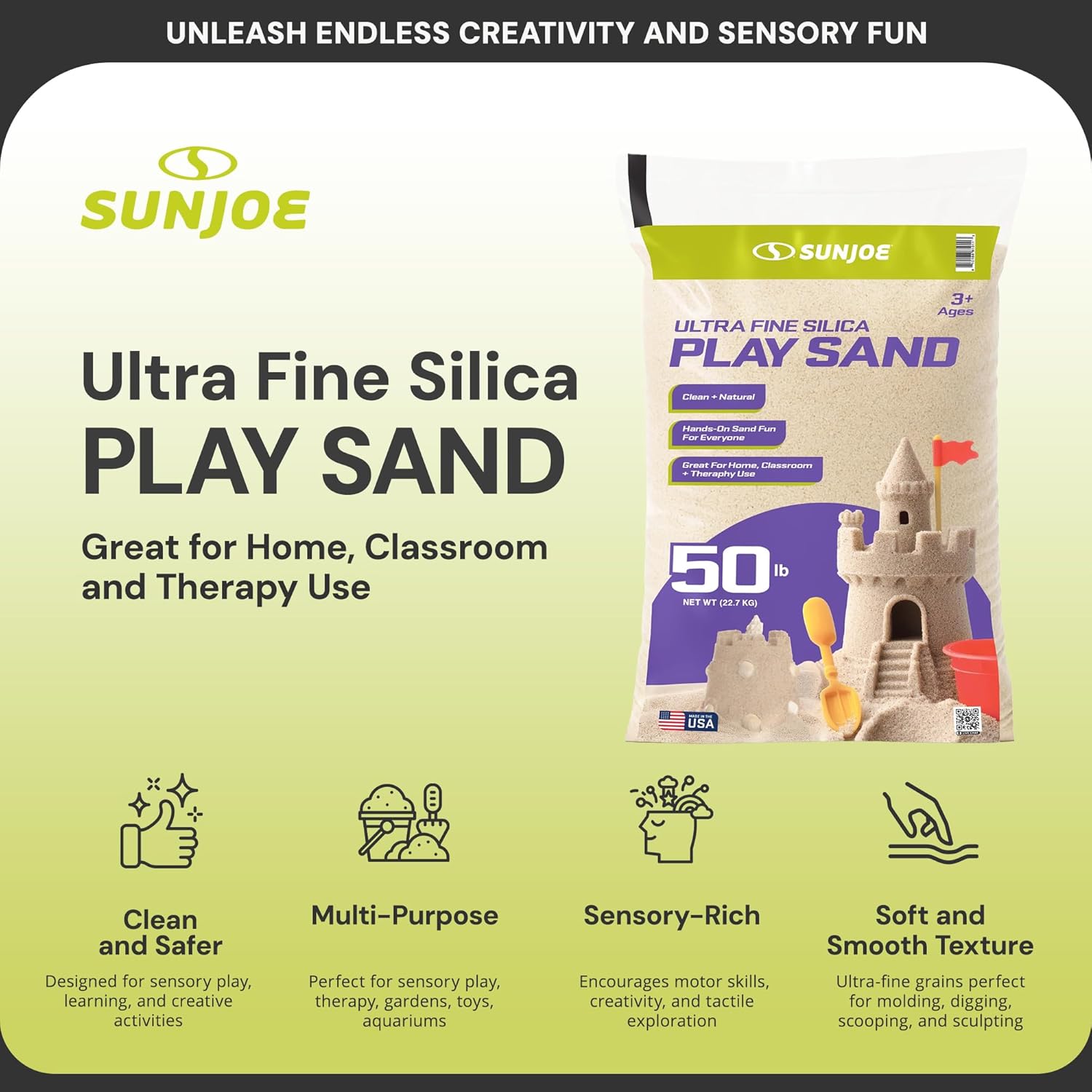 Sun Joe Silica Play Sand for Sandbox, Sensory Table & Garden Spaces, Ultra Fine, 50 Lbs - Natural Craft Accessory for Molding, Digging & Sculpting - Ideal for Indoor and Outdoor Use
