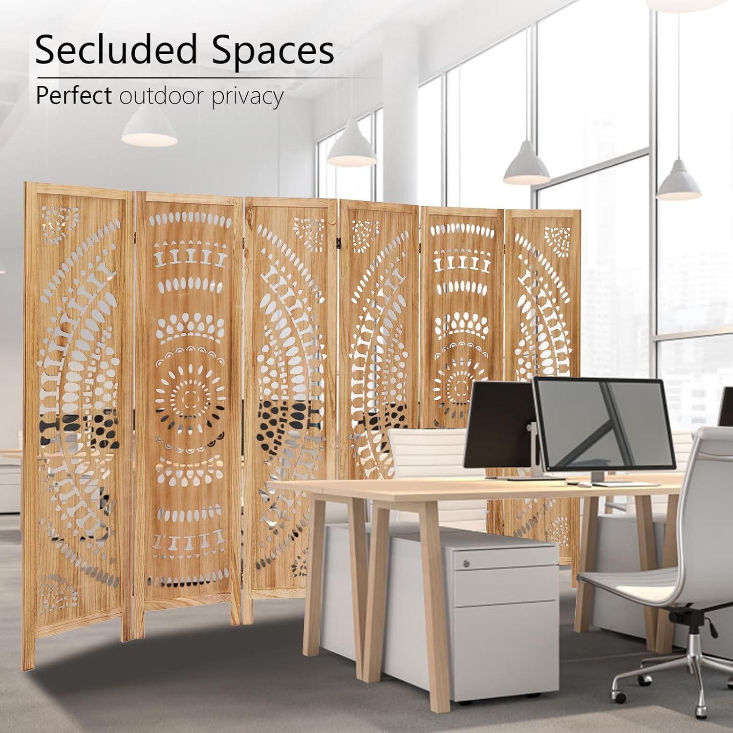 Wooden Room Divider Wall, 6 Panel Divider Screens, Folding Privacy Screen, 5.6 FT Wall Divider Room, Carved Room Divider Panel, Portable Wall Divider for Home Bedroom Office (Natural)
