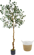 Artificial Eucalyptus Tree, 7ft Tall Fake Eucalyptus Plant with Basket, Green Silver Dollars Silk Leaves Large Faux Tree for Home Office Livingroom Floor Decor Indoor