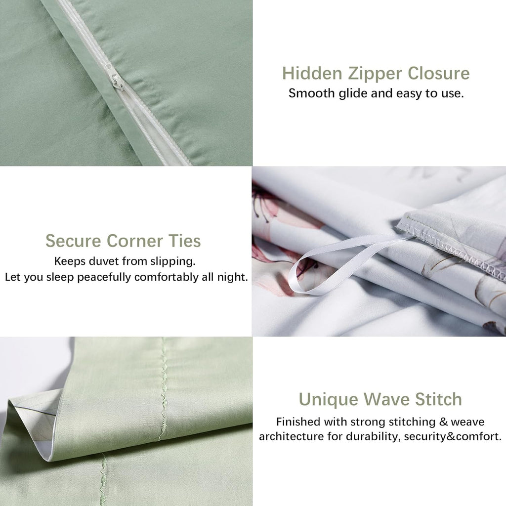 MILDLY 100% Long-Staple Cotton Duvet Cover Set White Green Floral Leaves Pattern Printed Comforter Cover 3pcs, Ultra Soft & Breathable Bedding Set