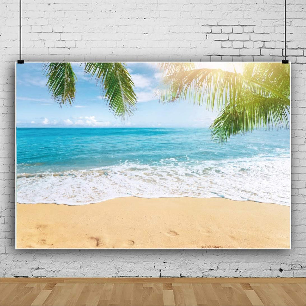 Leowefowa 7x5ft Sea Beach Backdrop Seaside Sand Beach Sea Wave Tropical Palm Leaf Photography Backdrops for Photo Shoots Holiday Party Adult Personal Portrait Photo Background Studio Props