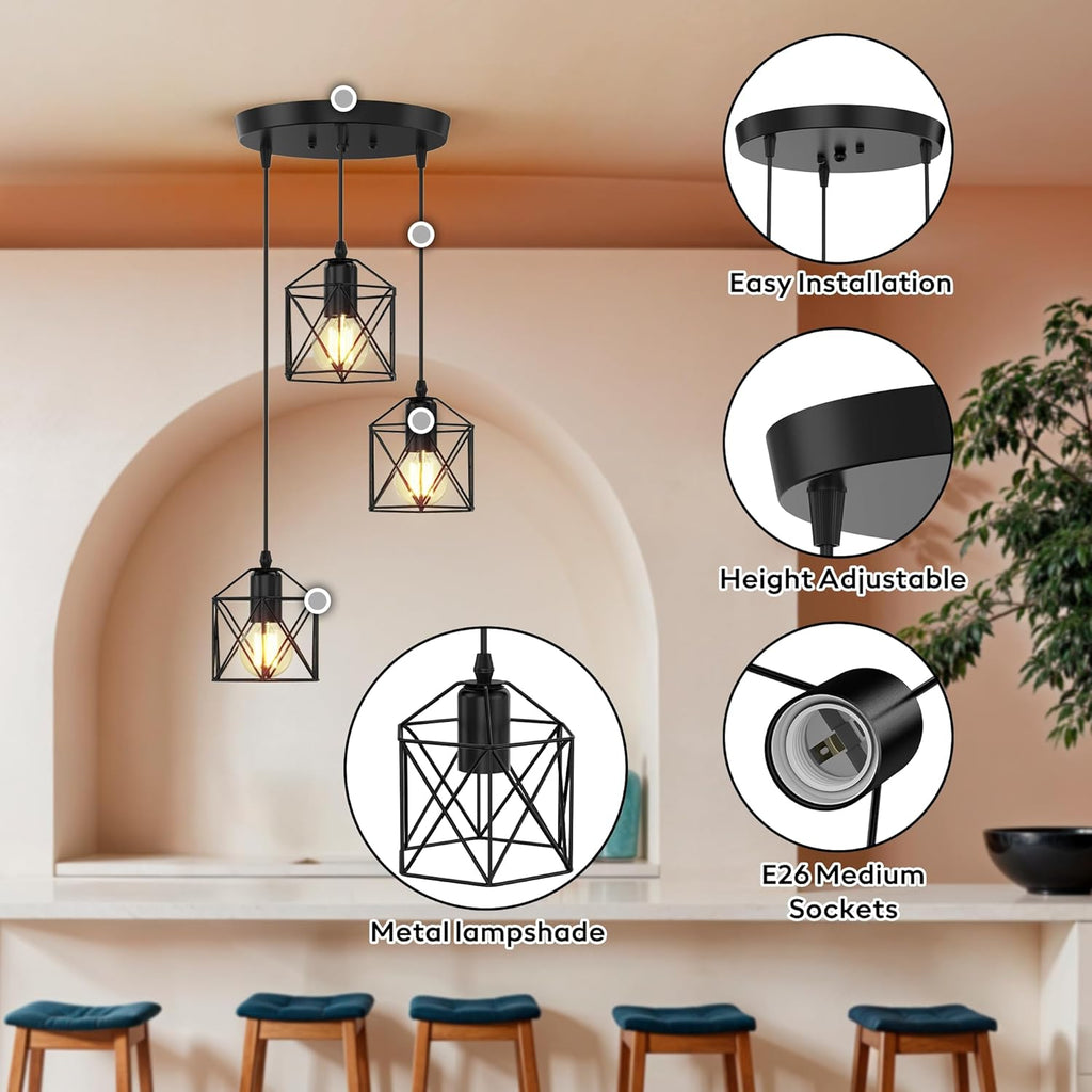 3-Light Pendant Lighting, Farmhouse Hanging Light Fixture for Kitchen Island & Dining Room, Industrial Vintage Ceiling Lamp with E26 Base, Adjustable Height, Matte Black
