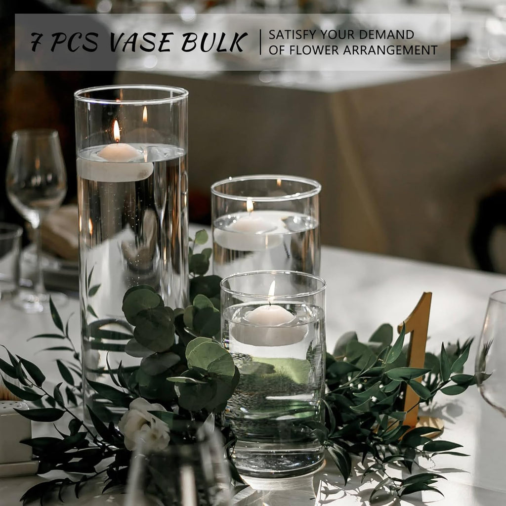 7Pcs Glass Cylinder Vase for Centerpieces 10 Inch Tall Clear Glass Flower Vase Bulk, Glass Hurricane Candle Holder Floral Vases for Table, Floating Candle Vases for Wedding Home Décor