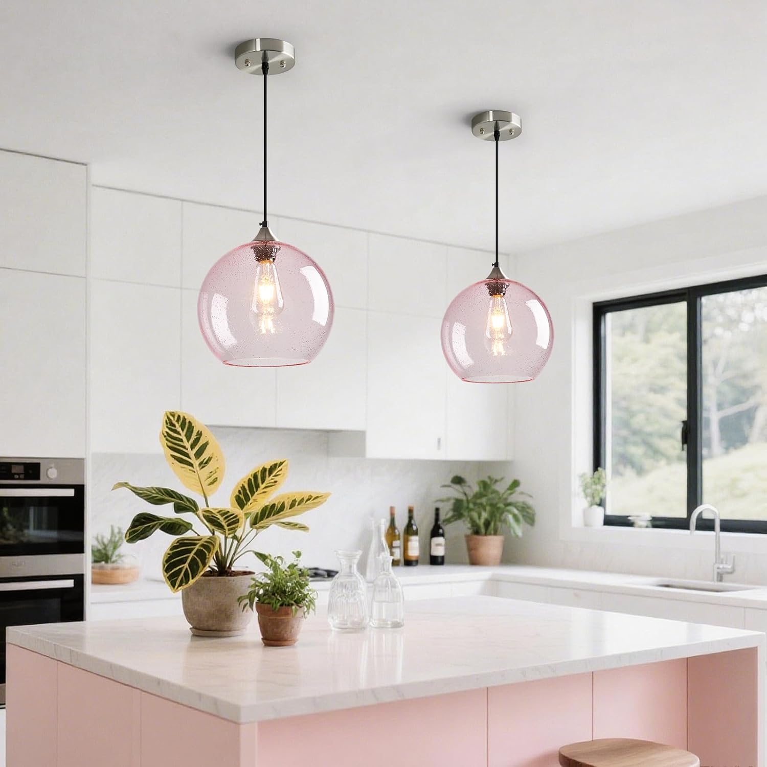 Pink Glass Pendant Lights Kitchen Island Globe Pendant Light Fixtures Modern Pendant Lighting for Bedroom Living Dining Room Light Fixture (9.84 in, 2 Pack)