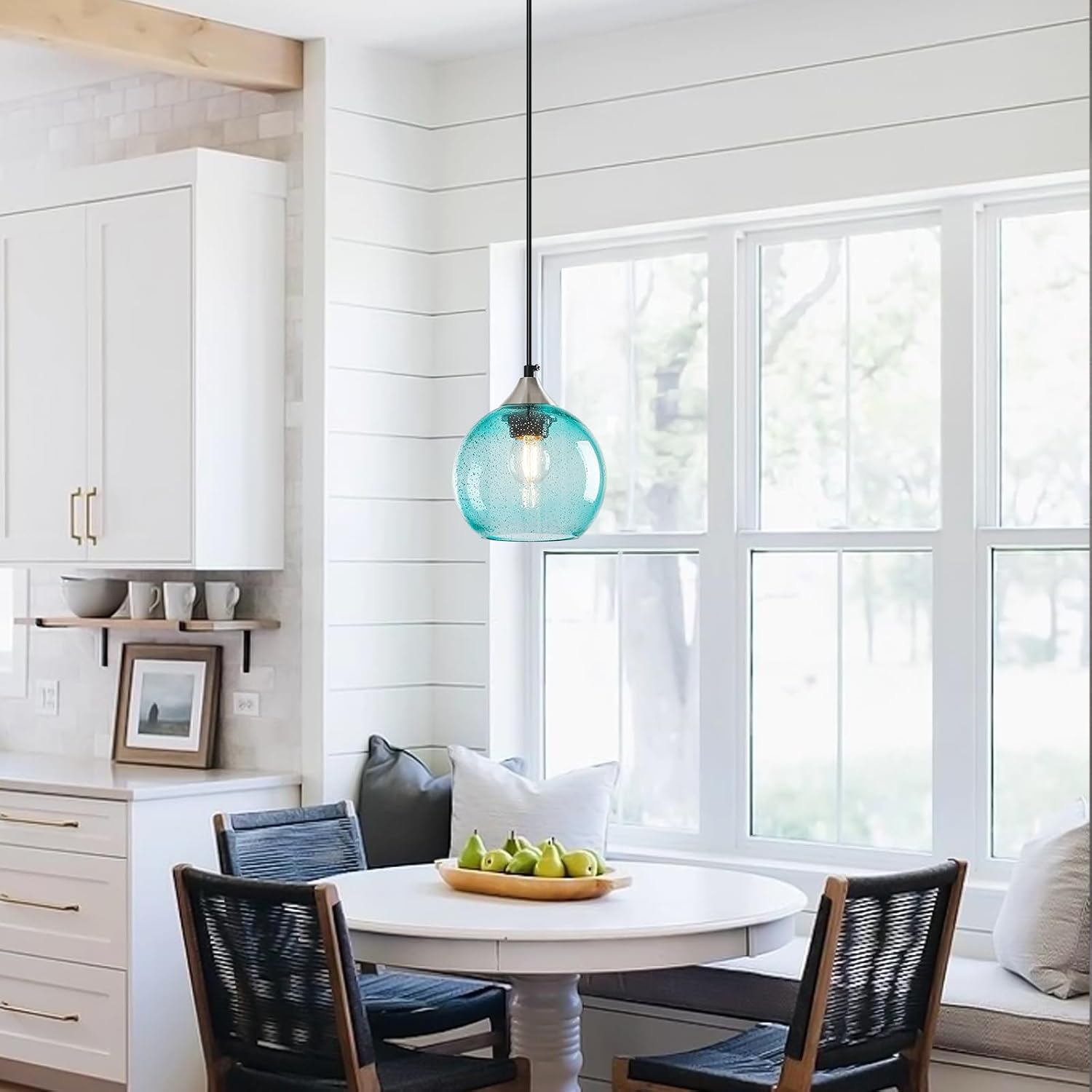Light Blue Glass Pendant Lights Kitchen Island Globe Pendant Light Fixtures Modern Pendant Lighting for Bedroom Living Dining Room Light Fixture (5.9 in, 2 Pack)