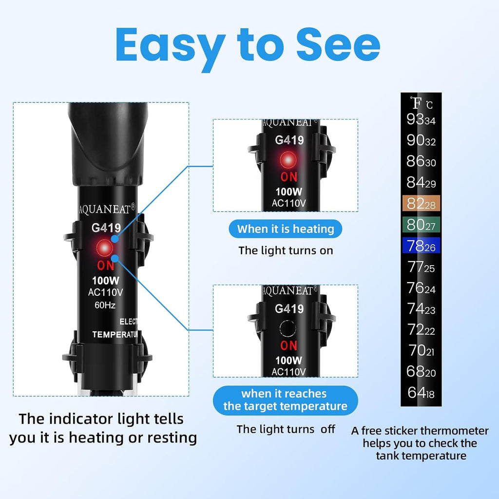 AQUANEAT Aquarium Heater, 100W Fish Tank Heater, Adjustable Submersible Water Thermostat with Thermometer