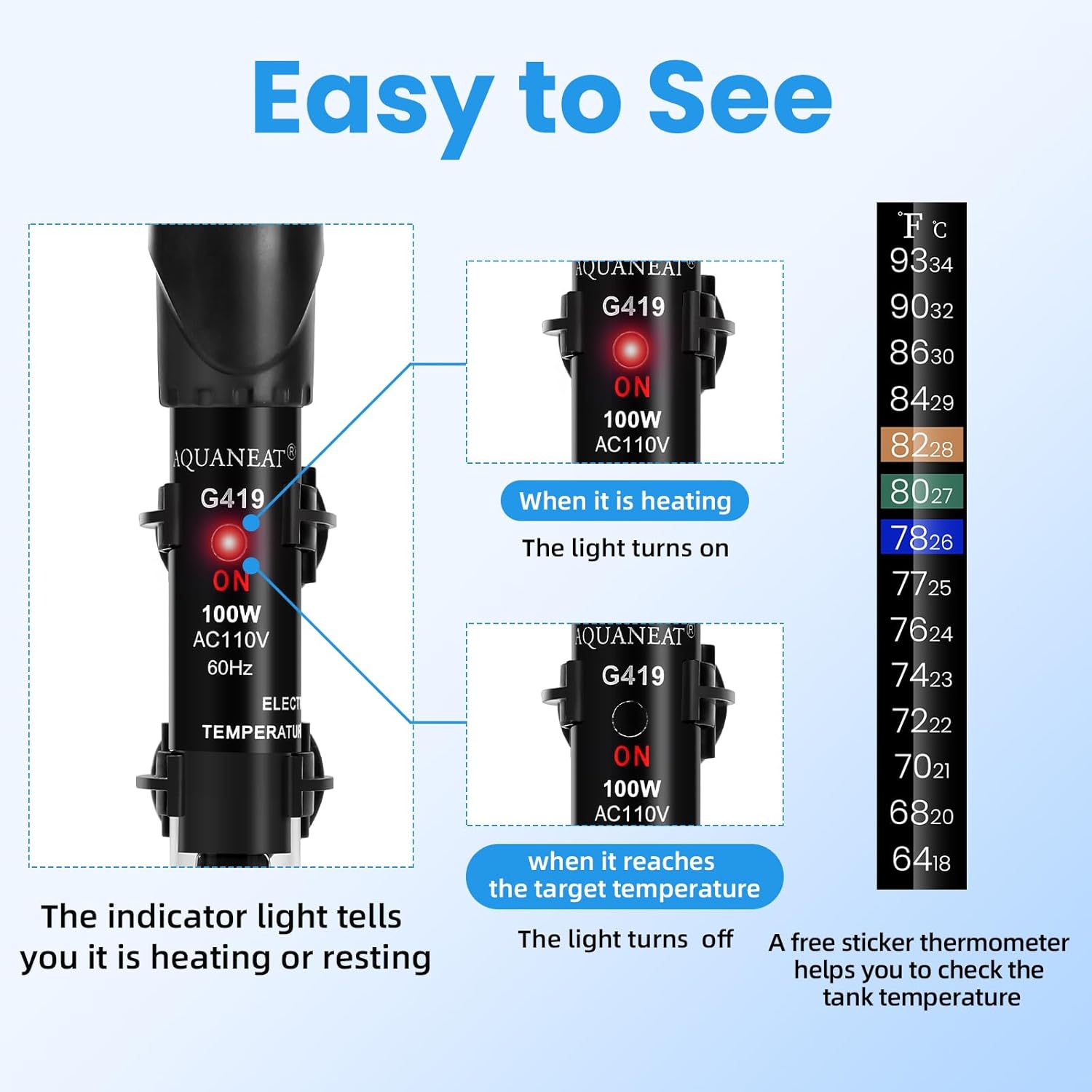 AQUANEAT Aquarium Heater, 100W Fish Tank Heater, Adjustable Submersible Water Thermostat with Thermometer
