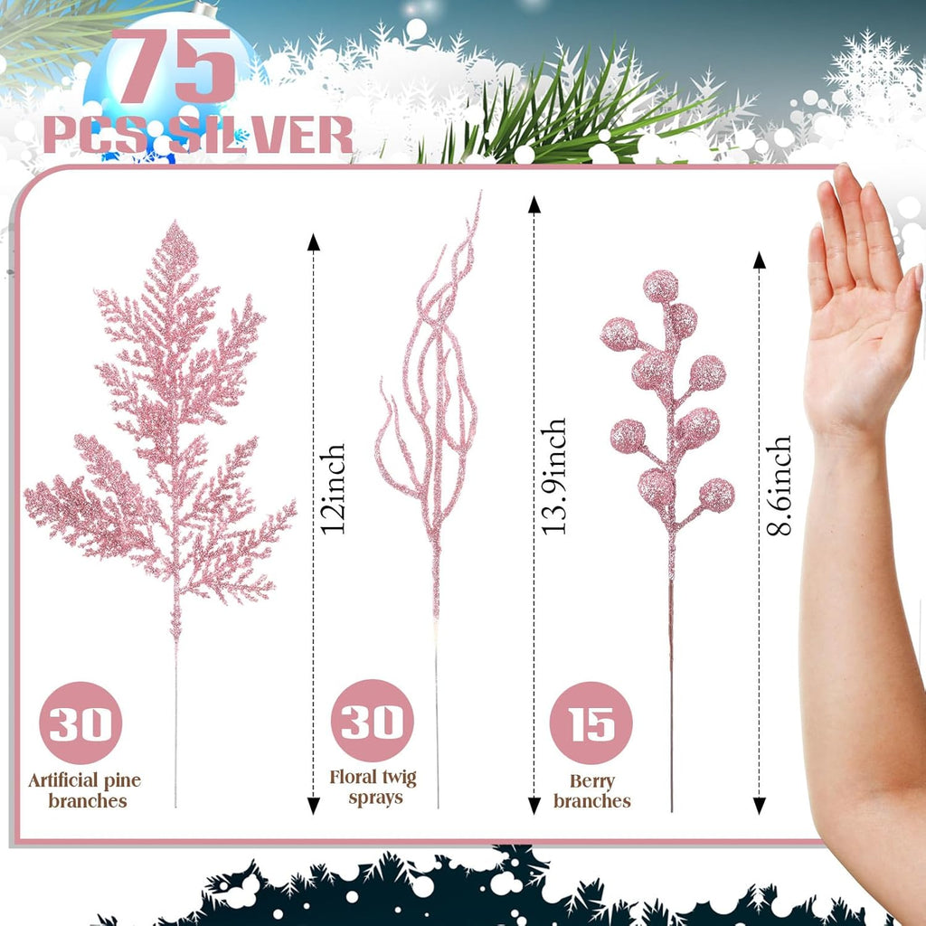 75 Pcs Christmas Glitter Branches 3 Styles Artificial Christmas Picks Berries Stems Pine Needles Floral Twig Spray for Xmas Tree Ornaments DIY Wreath Garland(Pink)