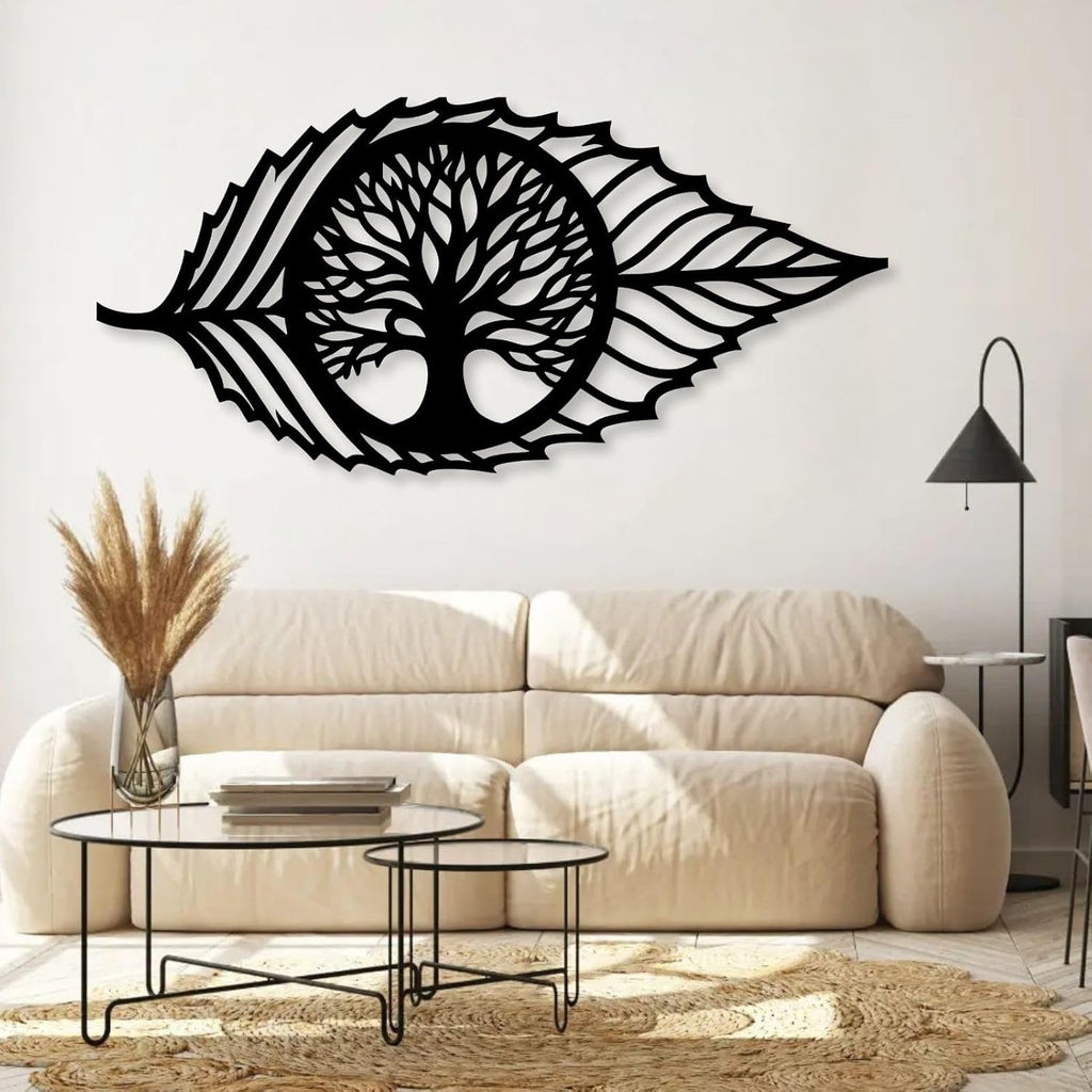 Hotuijxca Metal Leaf Wall Decor, Tree of Life Wall Art, Metal Leaf and Tree Wall Art for Living Room, Bedroom (Gold, 35x17in|90x43cm, metal wall art)