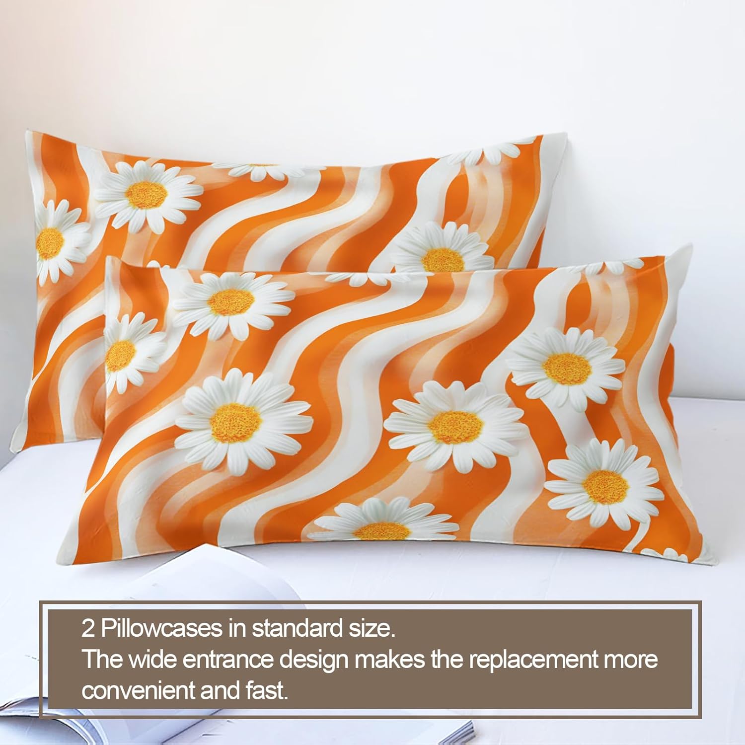 Orange Groovy Duvet Cover California King, Retro Hippie Flower Bedding Set 3 Piece Bedroom Decor Vibrant Daisy Comforter Cover with Zipper Ties & 2 Pillowcases