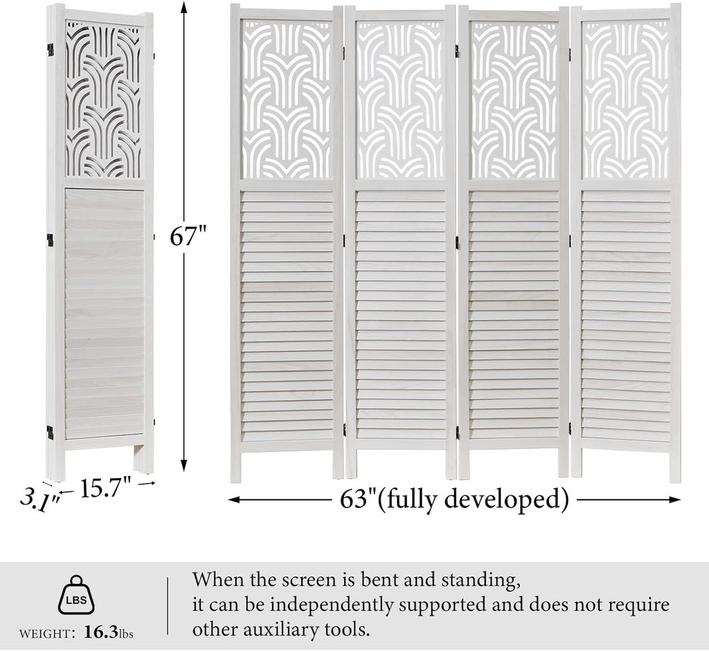 Folding Room Divider, 66.9 Inch 4 Panels Wood Carved Privacy Screens, Free Assembled Freestanding Portable Separation Wall for Home Office Restaurant Bedroom (White)