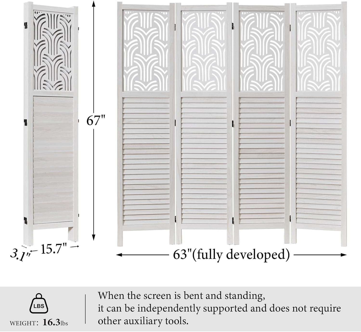 Folding Room Divider, 66.9 Inch 4 Panels Wood Carved Privacy Screens, Free Assembled Freestanding Portable Separation Wall for Home Office Restaurant Bedroom (White)