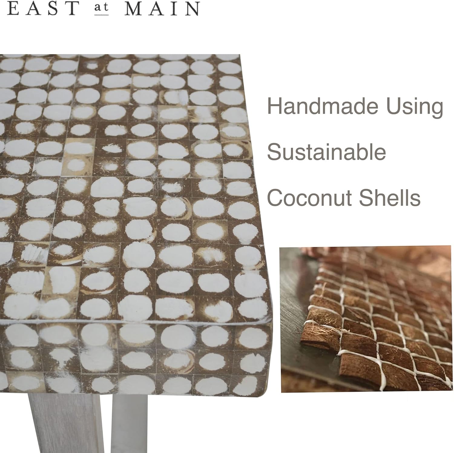 East at Main White Coffee Table – Handmade Accent Table with Coconut Shell Inlay, 40" Rectangular Wood Table for Living Room, Coastal Farmhouse or Boho Decor