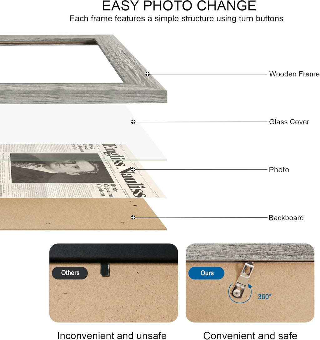 11x22 Newspaper Frame 2 Packs, Real Glass and Grey Wood Frame, Display Panoramic 11 x 22 Magazine Frames - Horizontal or Vertical Wall Mounting