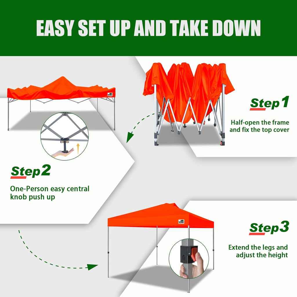 Eurmax USA NOMATTER ONE-Person Open&Close 10x10ft Pop Up Canopy Tent，Portable Shelter Canopy for Outdoor Events，Instant Canopies, Temporary Sunshade,Bonus 4 Sand Bags(Hi-Vis Orange)