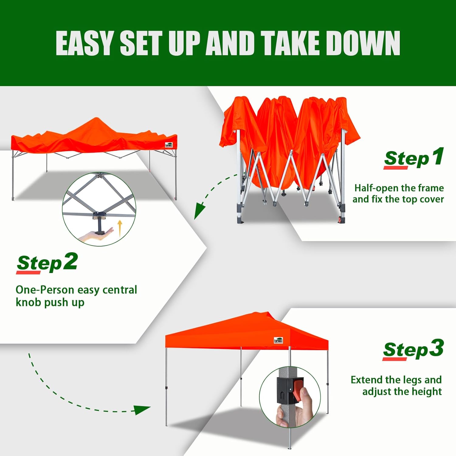 Eurmax USA NOMATTER ONE-Person Open&Close 10x10ft Pop Up Canopy Tent，Portable Shelter Canopy for Outdoor Events，Instant Canopies, Temporary Sunshade,Bonus 4 Sand Bags(Hi-Vis Orange)