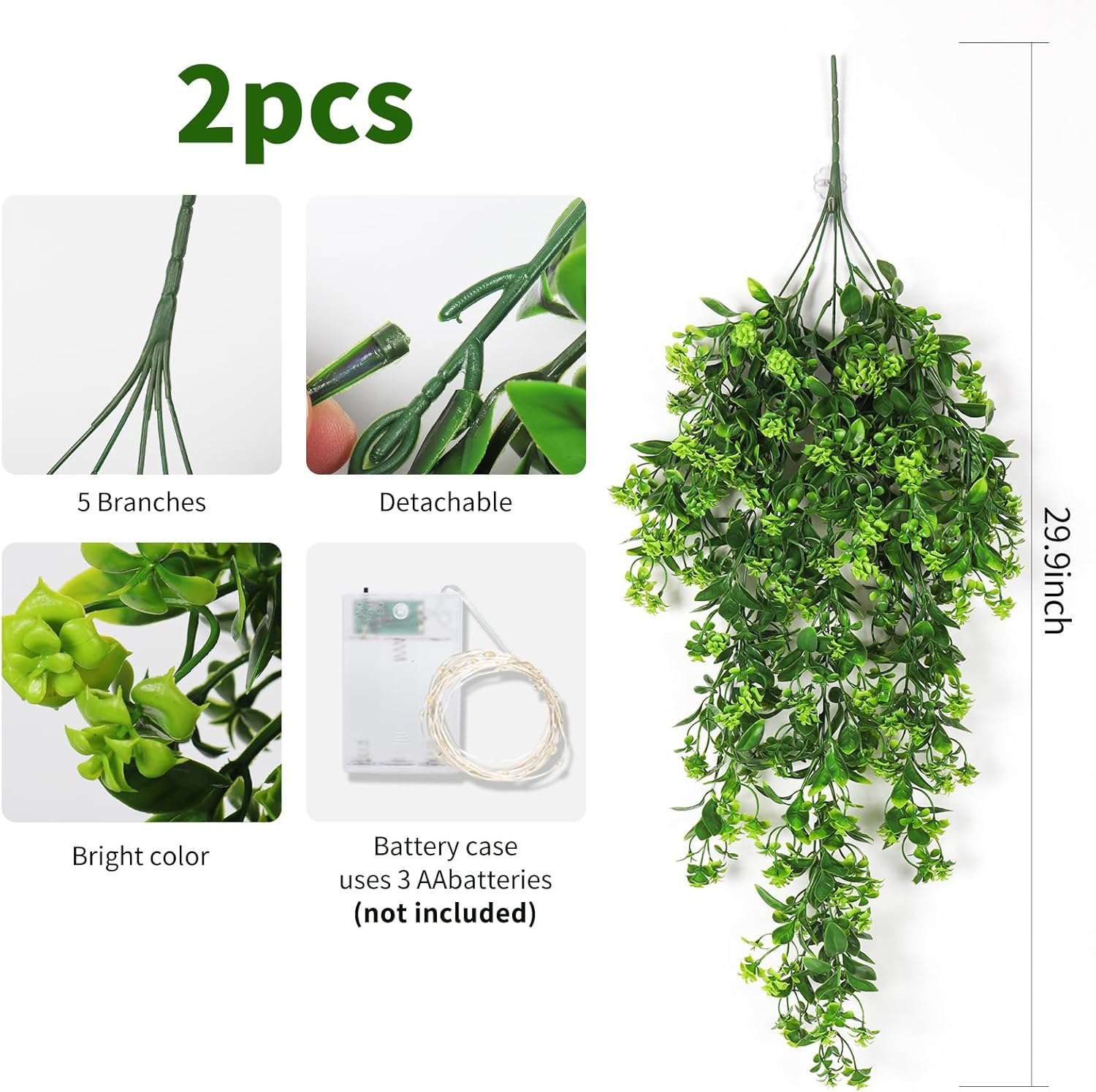 RECUTMS Artificial Hanging Plant Indoor Faux Plants Outdoor Large 2pcs Hanging Greenery with LED Lights Strings Silk Rose Flowers Plastic Leaves Decor for Party Wedding House Patio (Green)