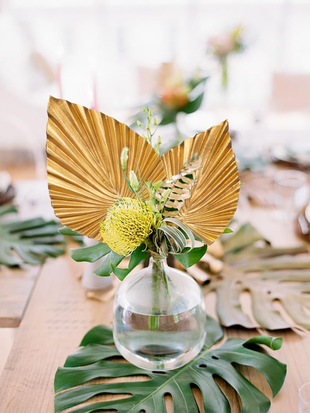 6 Pcs Pu Foam Artificial Golden Leaf Faux Palm Tropical Leaves Fake Palm Fronds for DIY Wedding Bouquets Fake Leaves for Centerpieces Arrangements Bridal Shower Leaf Stem for Party Home Decor-Gold