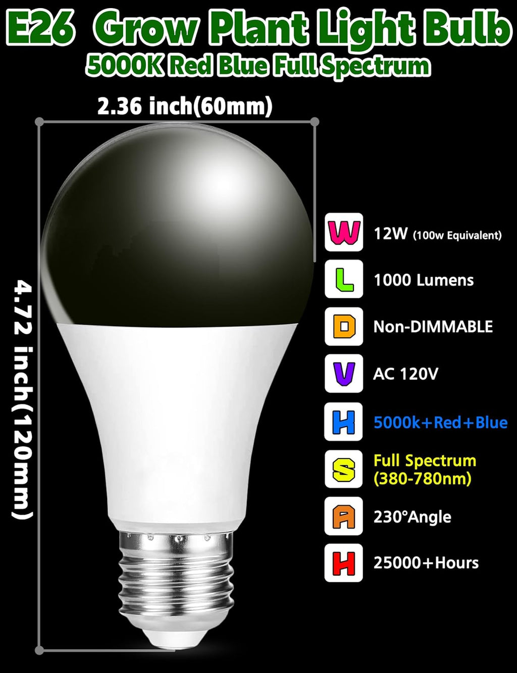 Red Blue 5000K LED Grow Light Bulb Full Spectrum 100w Equivalent, A19 E26 12W Sun Plant Light Bulbs for Flowers, Seed Starting, Indoor Growing, Greenhouse, 6pack