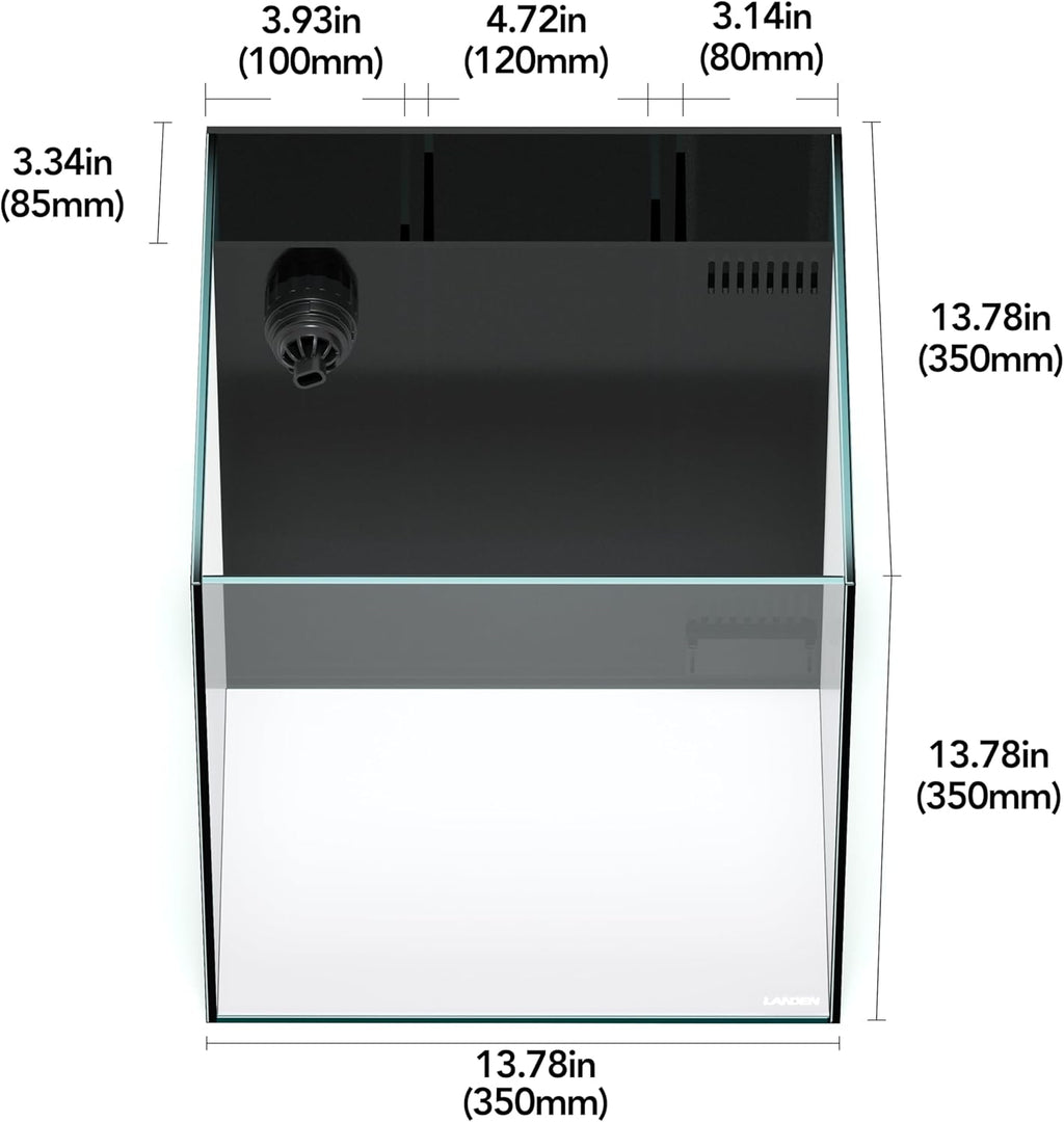 LANDEN 35C 7.2 Gallon Ultra Clear All Glass Rimless Low Iron Aquarium Tank with Rear Filtration Chamber(Pump Included) for Salt and Fresh Water.13.8''Wx13.8''Dx13.8''H 35cm Cube in 6mm Thickness