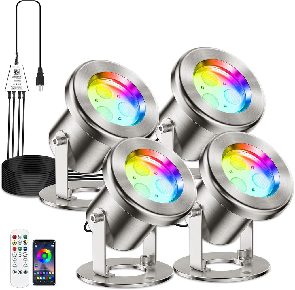LyLmLe LED Pond Lights with APP Control, 6W SS316 Stainless Steel RGB Underwater Fountain Light with 12V Transformer, IP68 Waterproof Outdoor Underwater Lights for Pond Waterfall, Black Wire(4-Spots)