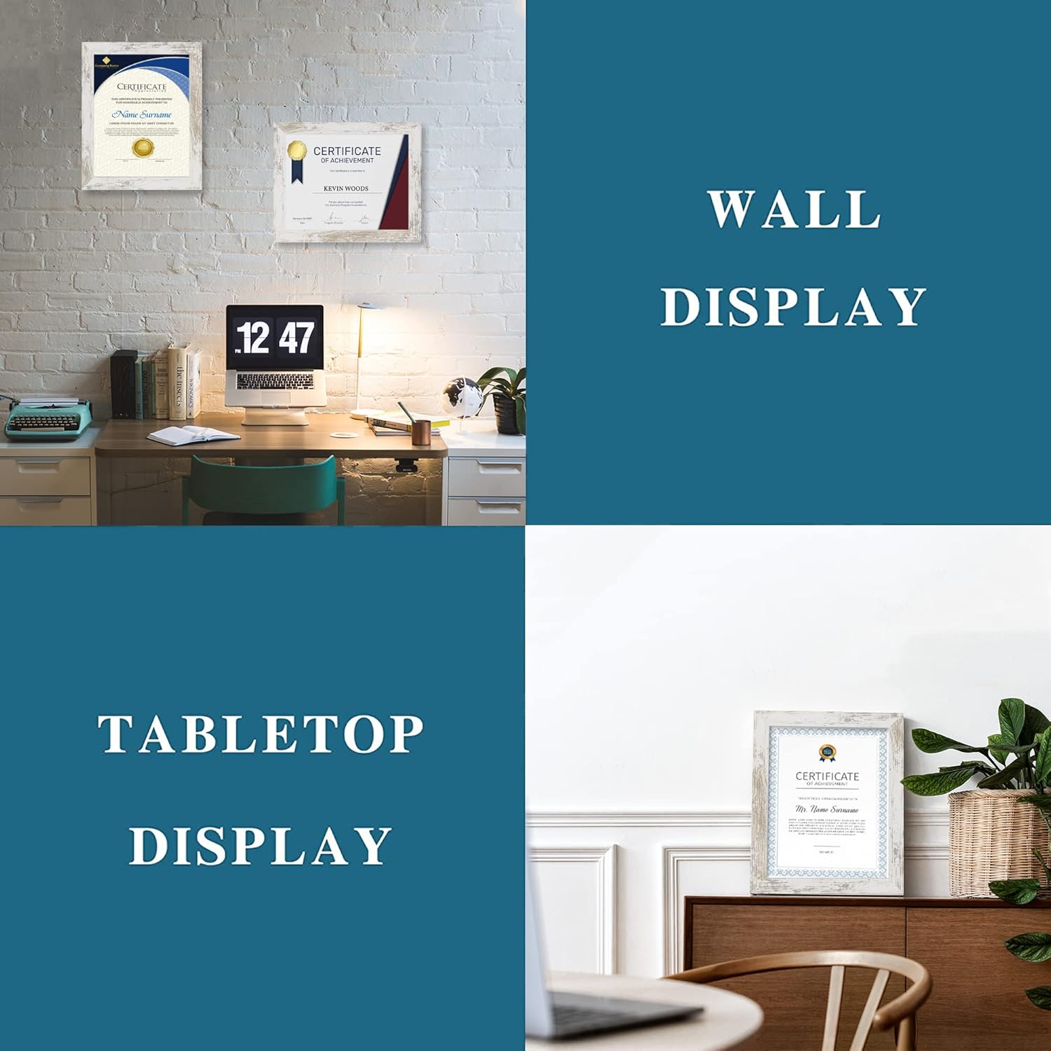 8.5 x 11 Picture Frame Set of 4, Made of Real Glass and Distressed White Certificate & Diploma Frame, 8.5 by 11 Photo for Wall or Tabletop - Display Picture 6x8 with Mat or 8.5x11 Without Mat