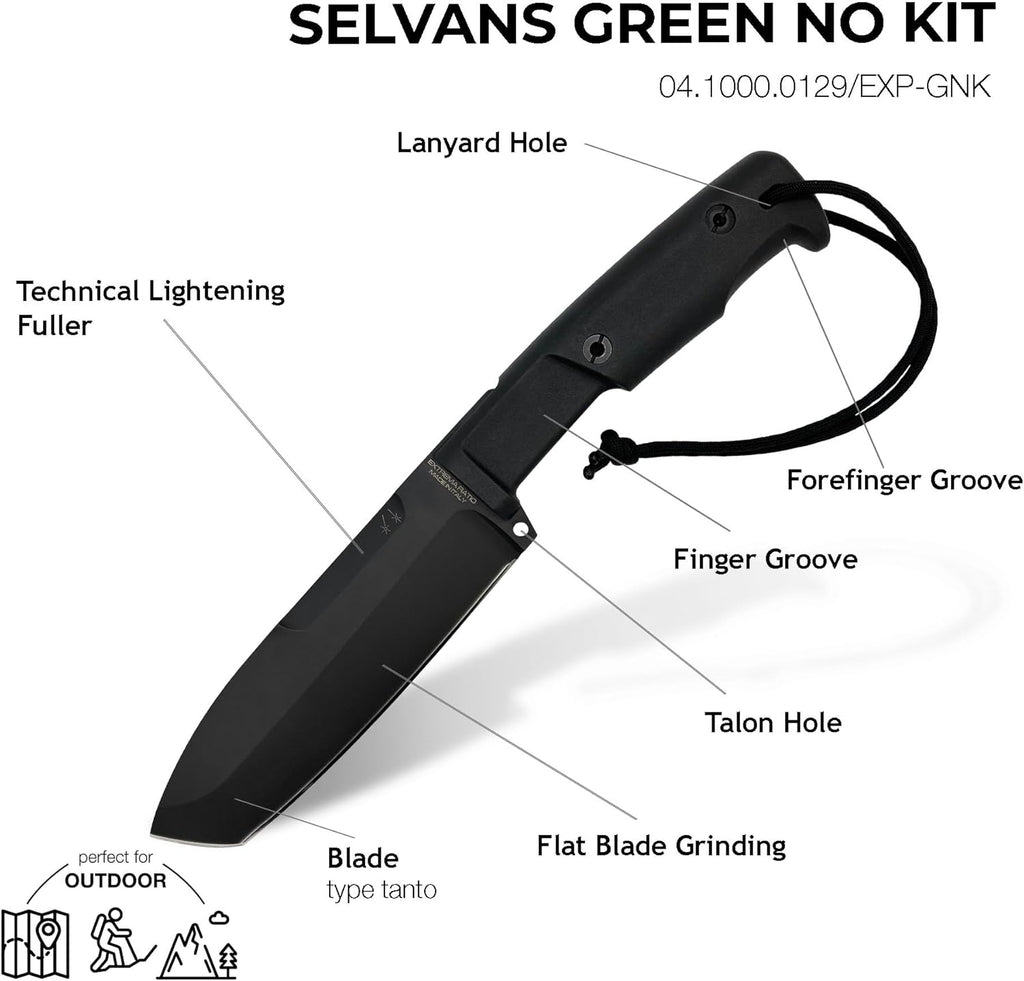 Extrema Ratio - Selvans (Green) Fixed Blade Knife, Böhler N690 Steel Blade Hardened to 58 HRC, Burnished Finish, Full-Tang Design, Ergonomic Forprene Handle, Precision Handcrafted in Italy, Heavy-Duty Outdoor Knife