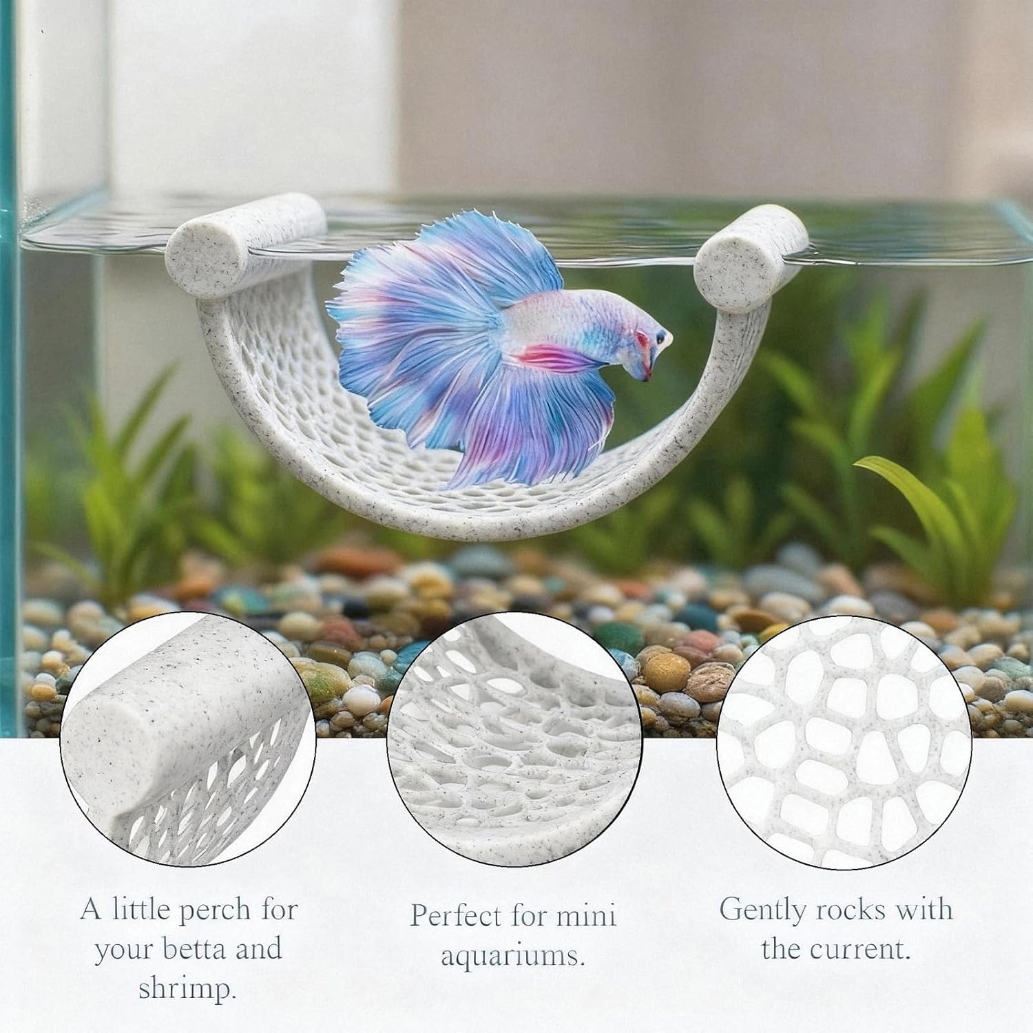 Marble Gray Floating Betta Fish Hammock – Minimalist Rest Platform & Floating Bed – Betta Tank Accessories for Small Aquariums, Nano Tanks & Shrimp – Sleek Floating Perch Ledge for Bettas & Small Fish