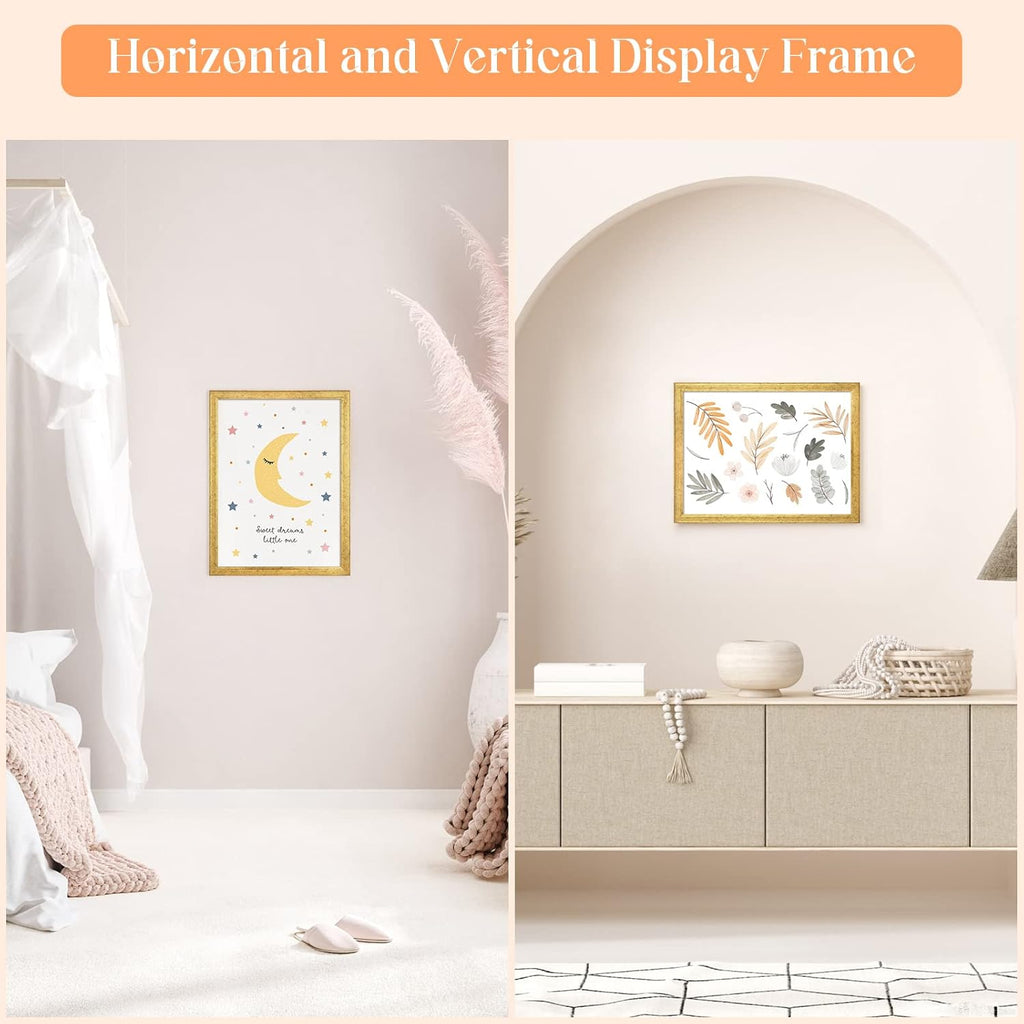 Wood 11x15 Frame Gold, Ornate Natural 15x11in Poster Picture Frame, Modern Golden 11 x 15inch Gallery Wall Photo Frame with HD Plexiglass, Horizontal Vertical Wall Mounting Display 1pcs