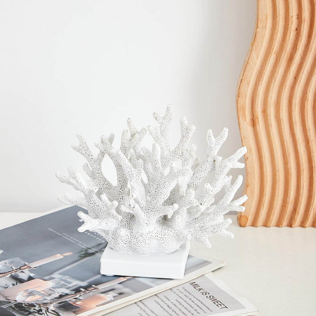 Artificial White Coral Décor, Nautical Coral Reef Decorations for Home, Marine Style Decoration, Ocean Themed Cabinet Shelf Tabletop Decor (White)