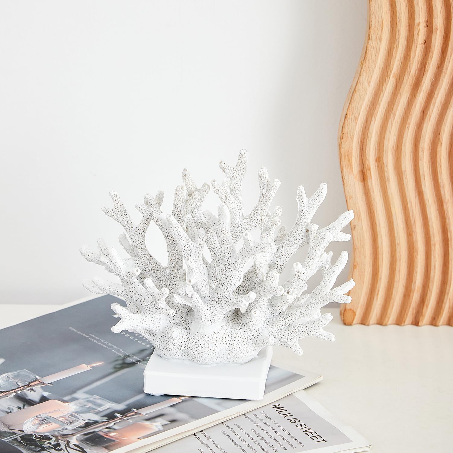 Artificial White Coral Décor, Nautical Coral Reef Decorations for Home, Marine Style Decoration, Ocean Themed Cabinet Shelf Tabletop Decor (White)
