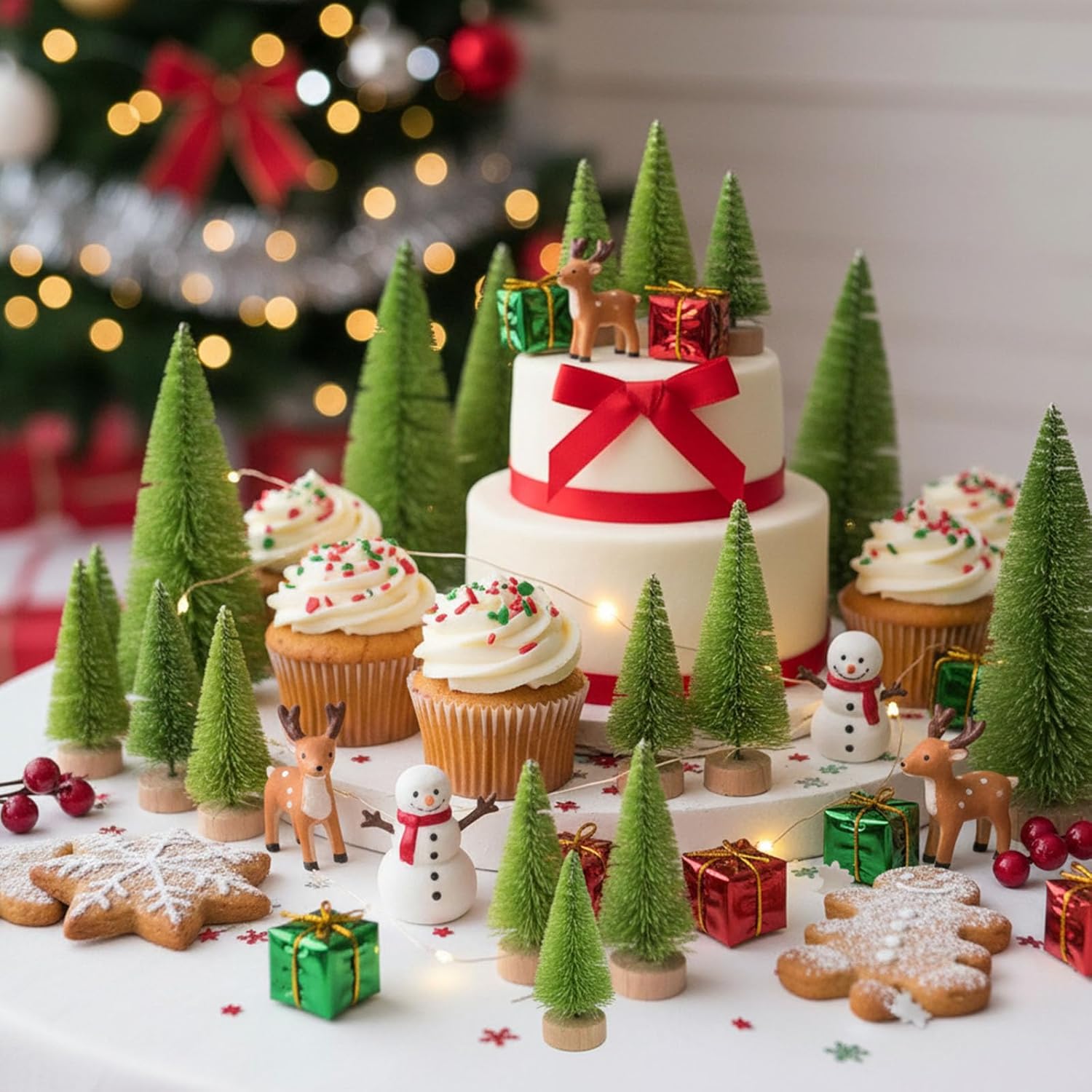 LOVEINUSA 40PCS Mini Christmas Trees, 5 Sizes Artificial Sisal Trees Bottle Brush with Wooden Base for Xmas Winter Home Table Decoration