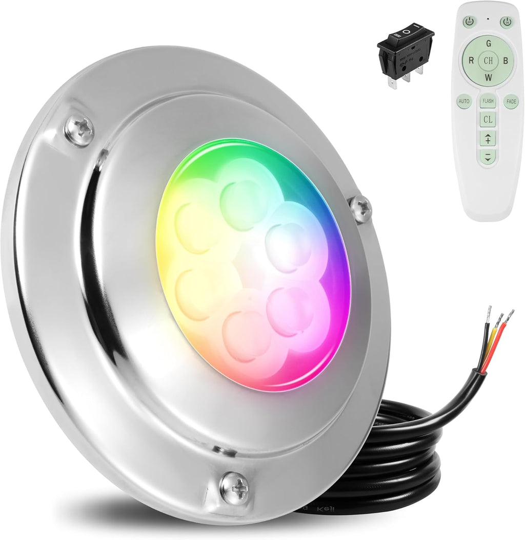Goldlife 6,000LM Marine Underwater LED Light for Boat, B4-1 RGBW w/RF Remoter, 4.3" 60W DC10-30V 6LED, Dimmable Color-Changing IP68 Submersible Yacht Transom Pontoon Light Surface Mount 316 Stainless